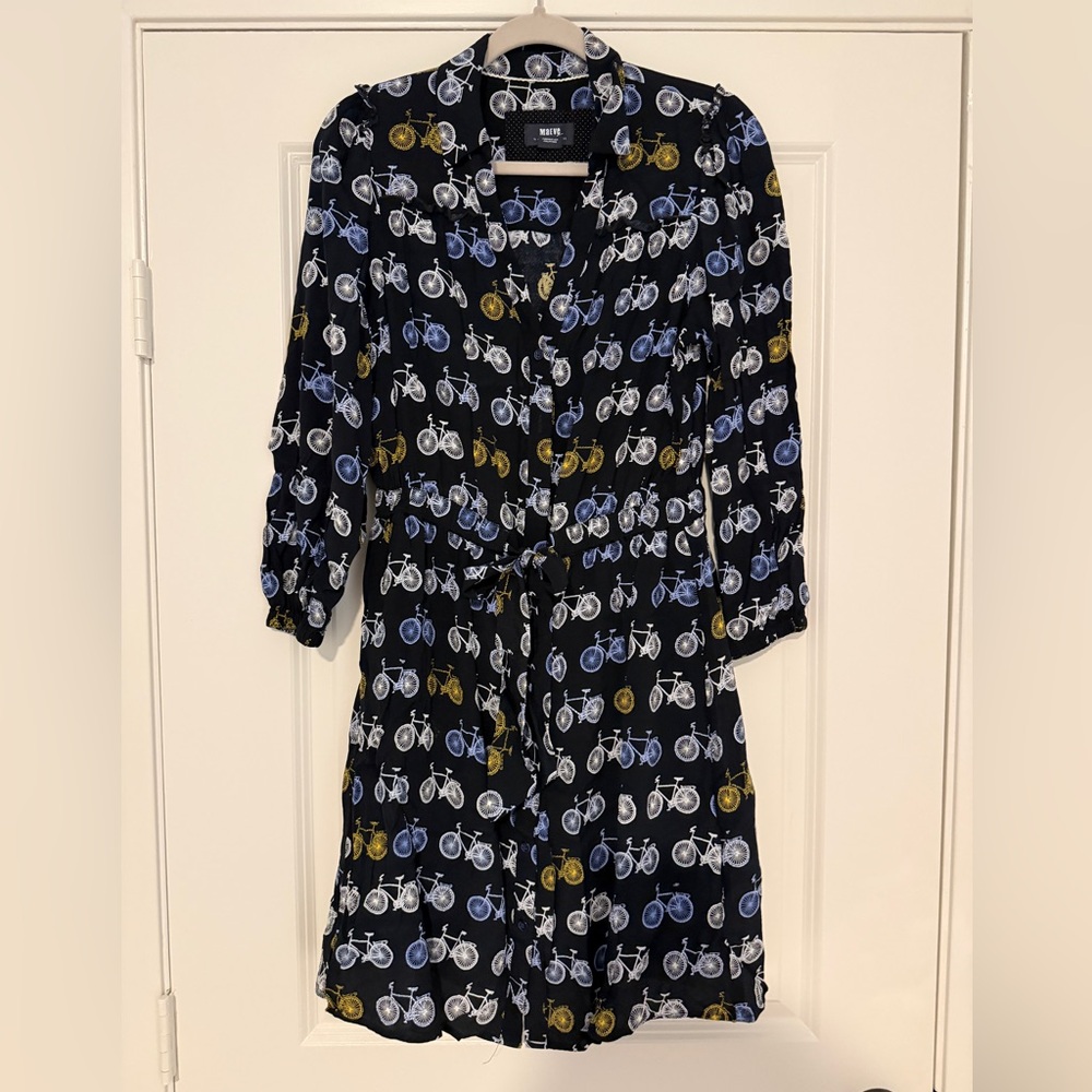 Anthropologie/Maeve Black Bicycle Print Shirt Dress with Blue & Gold Accents